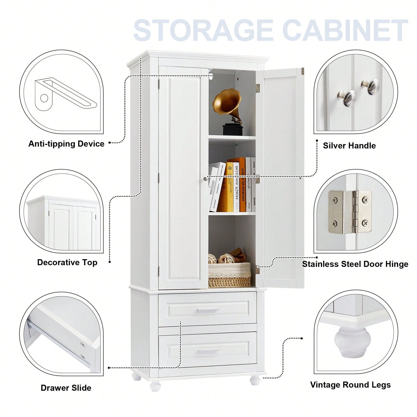 Stylish Tall Storage Cabinet With Dual Drawers For Bathroom Or Office Organization, White Finish