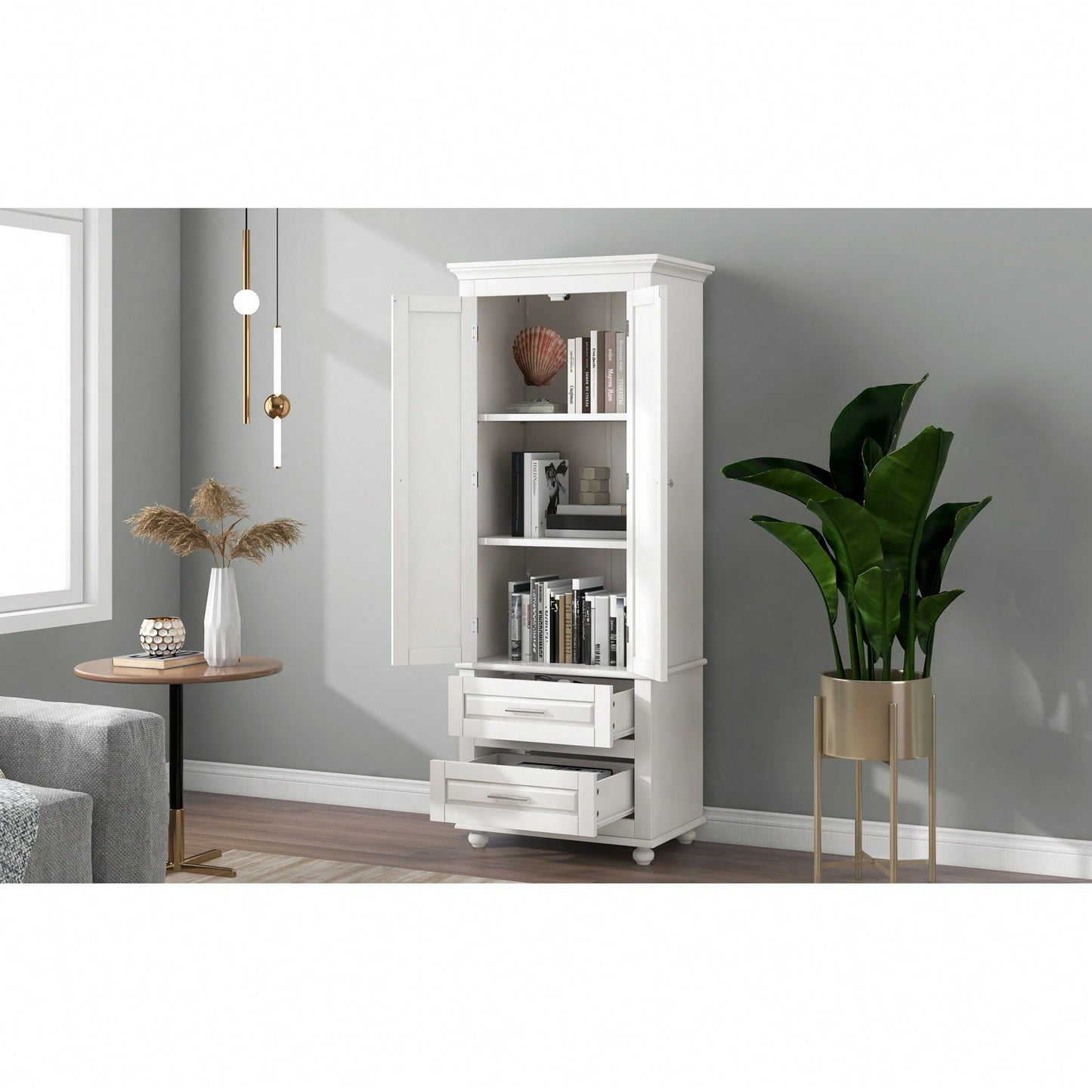 Stylish Tall Storage Cabinet With Dual Drawers For Bathroom Or Office Organization, White Finish