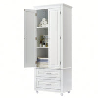 Stylish Tall Storage Cabinet With Dual Drawers For Bathroom Or Office Organization, White Finish