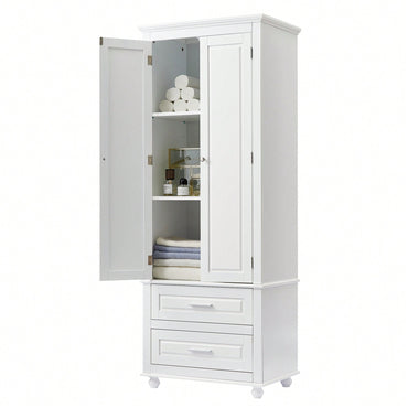 Stylish Tall Storage Cabinet With Dual Drawers For Bathroom Or Office Organization, White Finish