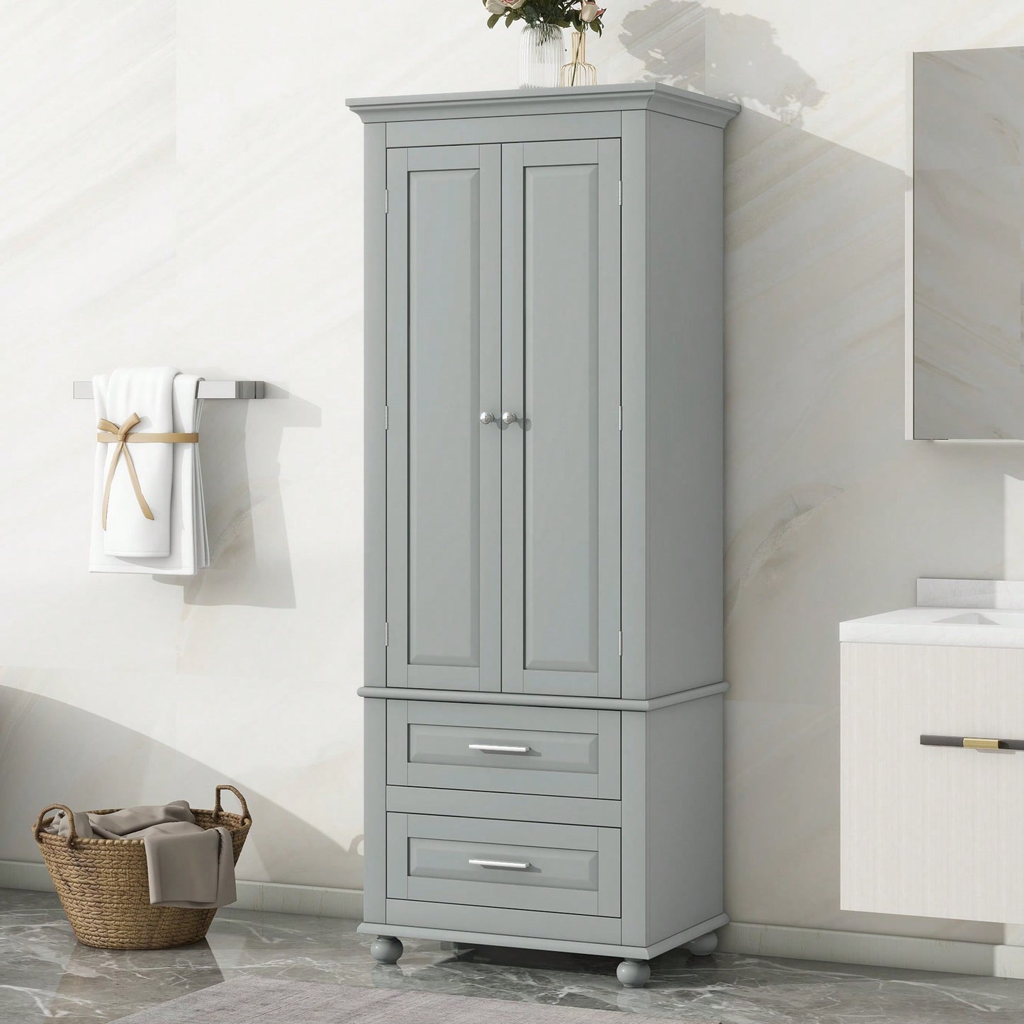 Stylish Grey Tall Storage Cabinet With Two Drawers For Bathroom Or Office Organization