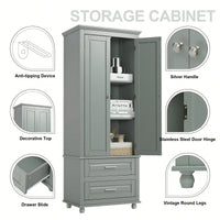 Stylish Grey Tall Storage Cabinet With Two Drawers For Bathroom Or Office Organization