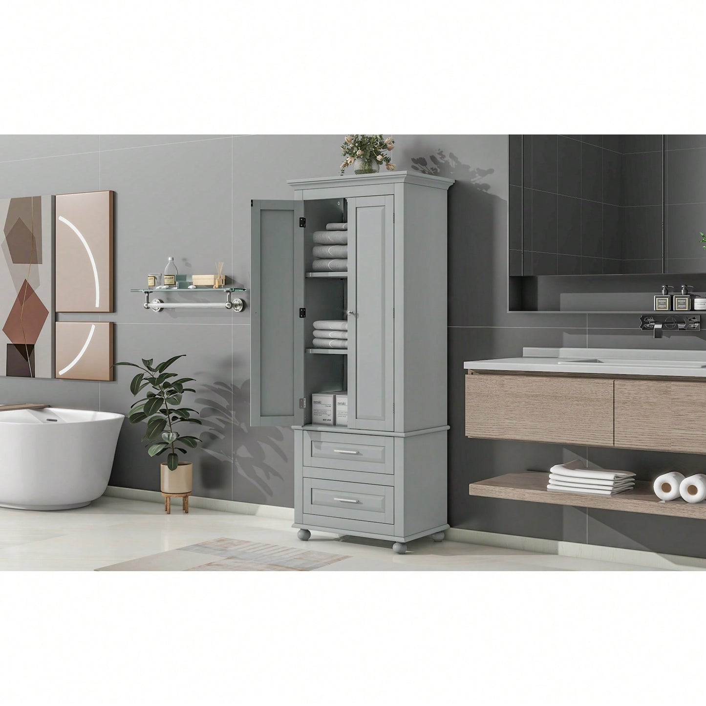 Stylish Grey Tall Storage Cabinet With Two Drawers For Bathroom Or Office Organization