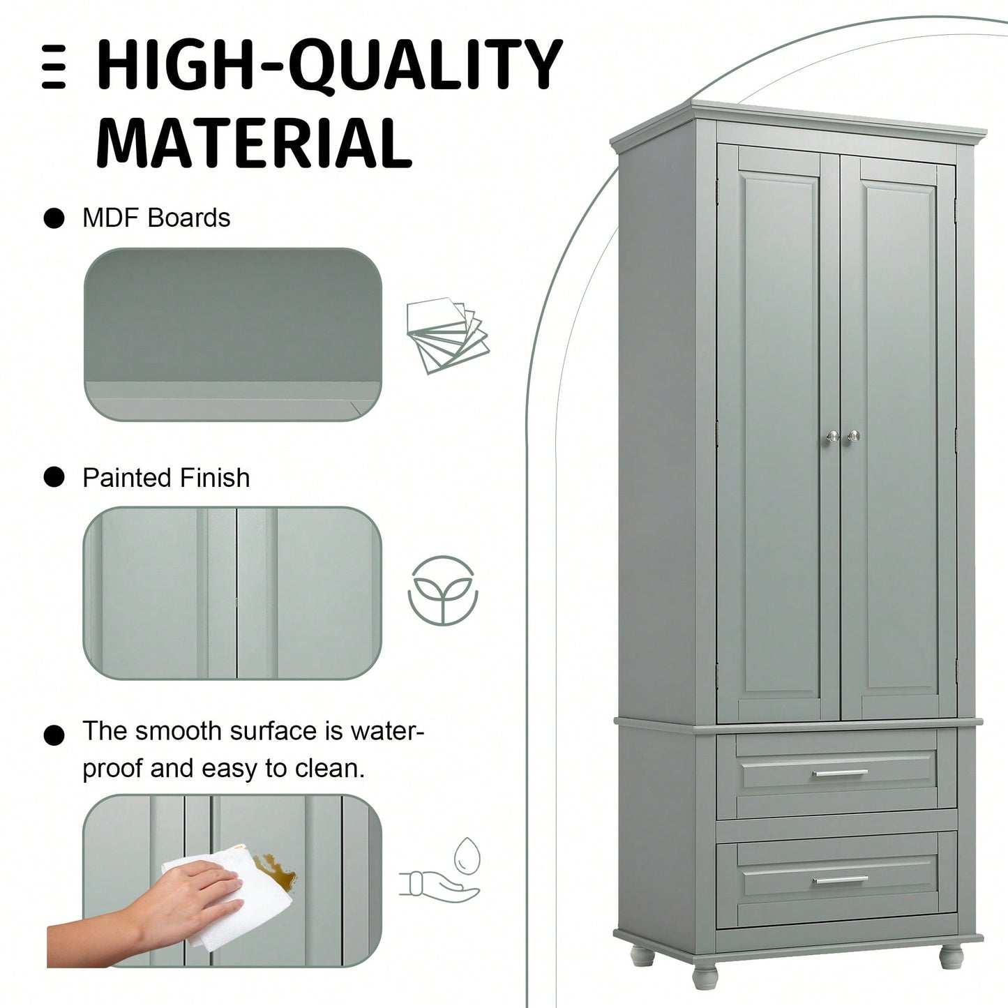 Stylish Grey Tall Storage Cabinet With Two Drawers For Bathroom Or Office Organization