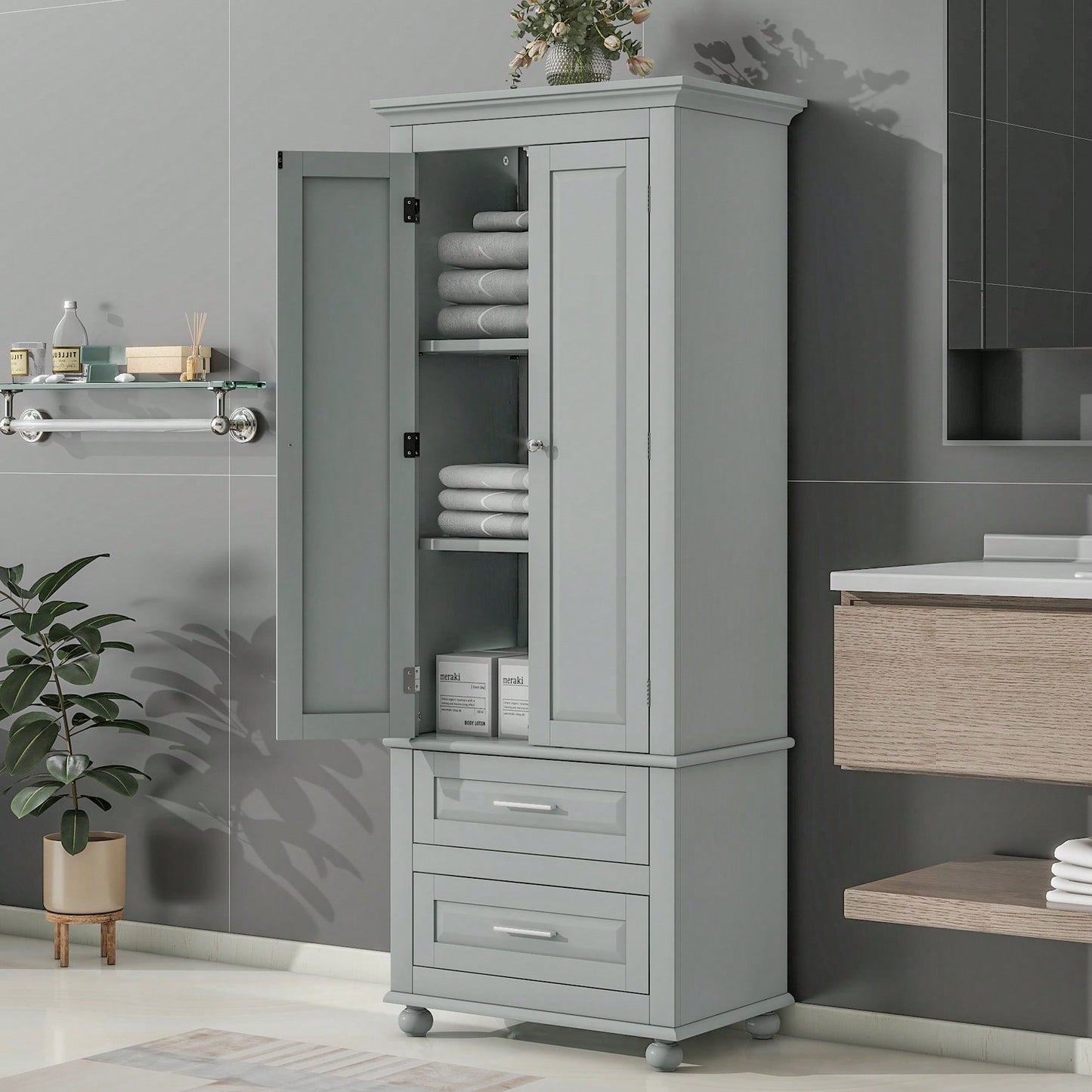 Stylish Grey Tall Storage Cabinet With Two Drawers For Bathroom Or Office Organization