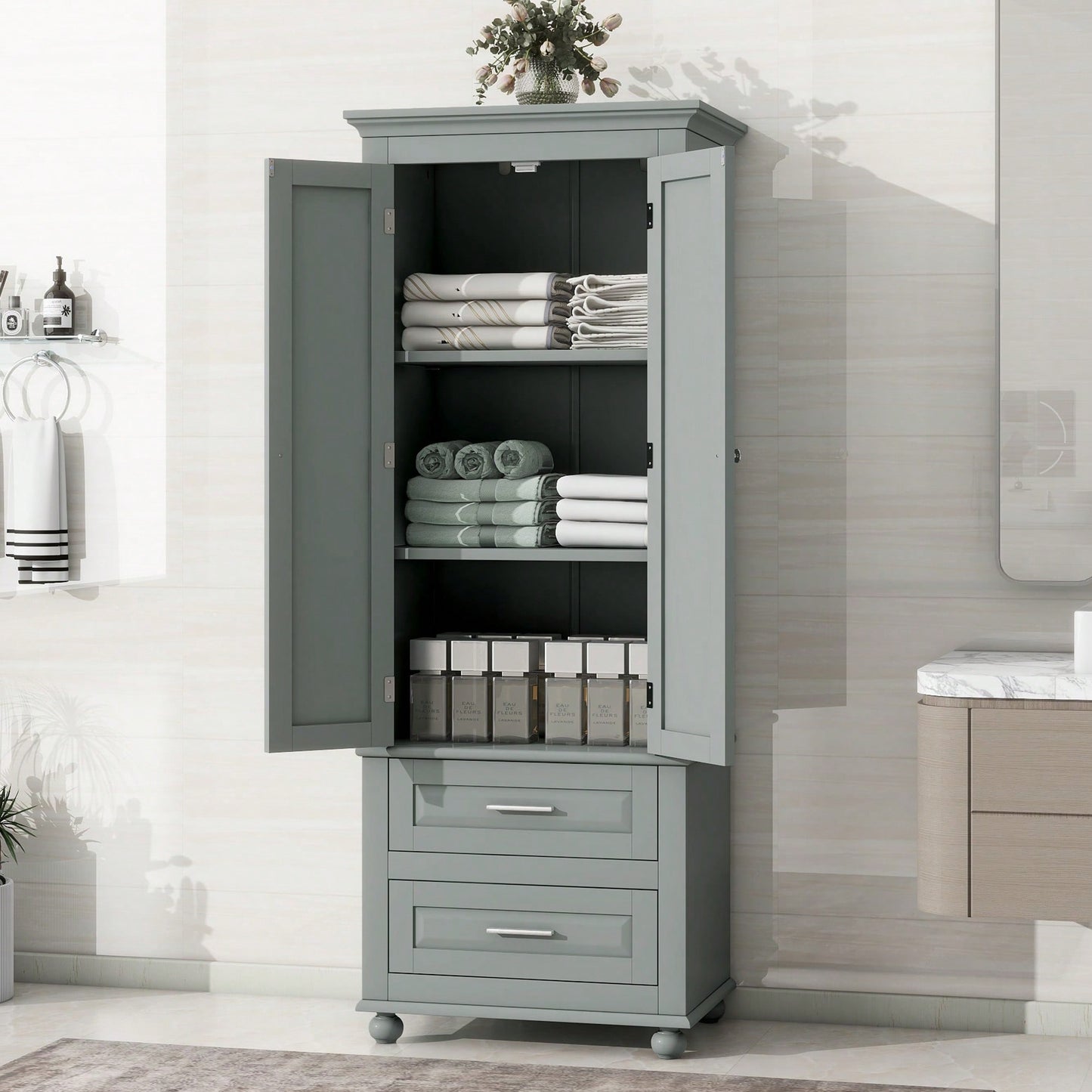 Stylish Grey Tall Storage Cabinet With Two Drawers For Bathroom Or Office Organization