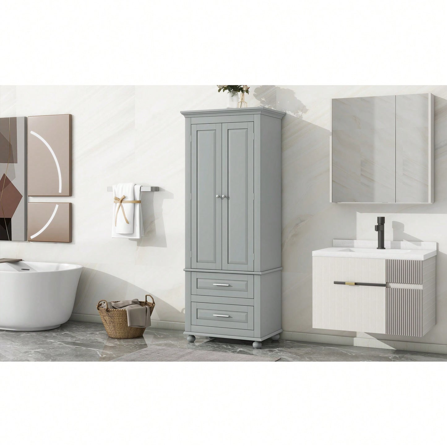 Stylish Grey Tall Storage Cabinet With Two Drawers For Bathroom Or Office Organization