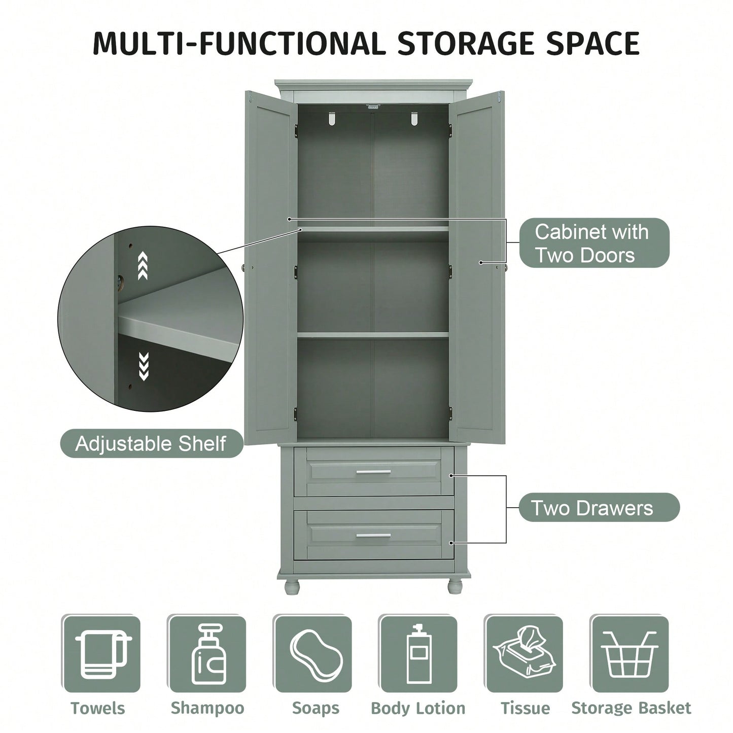 Stylish Grey Tall Storage Cabinet With Two Drawers For Bathroom Or Office Organization