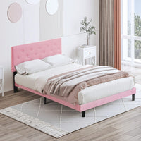 Chic Pink Queen Upholstered Platform Bed Frame with Button Tufted Headboard No Box Spring Needed Easy Assembly