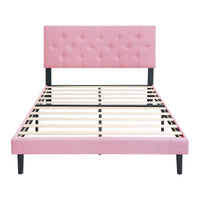 Chic Pink Queen Upholstered Platform Bed Frame with Button Tufted Headboard No Box Spring Needed Easy Assembly