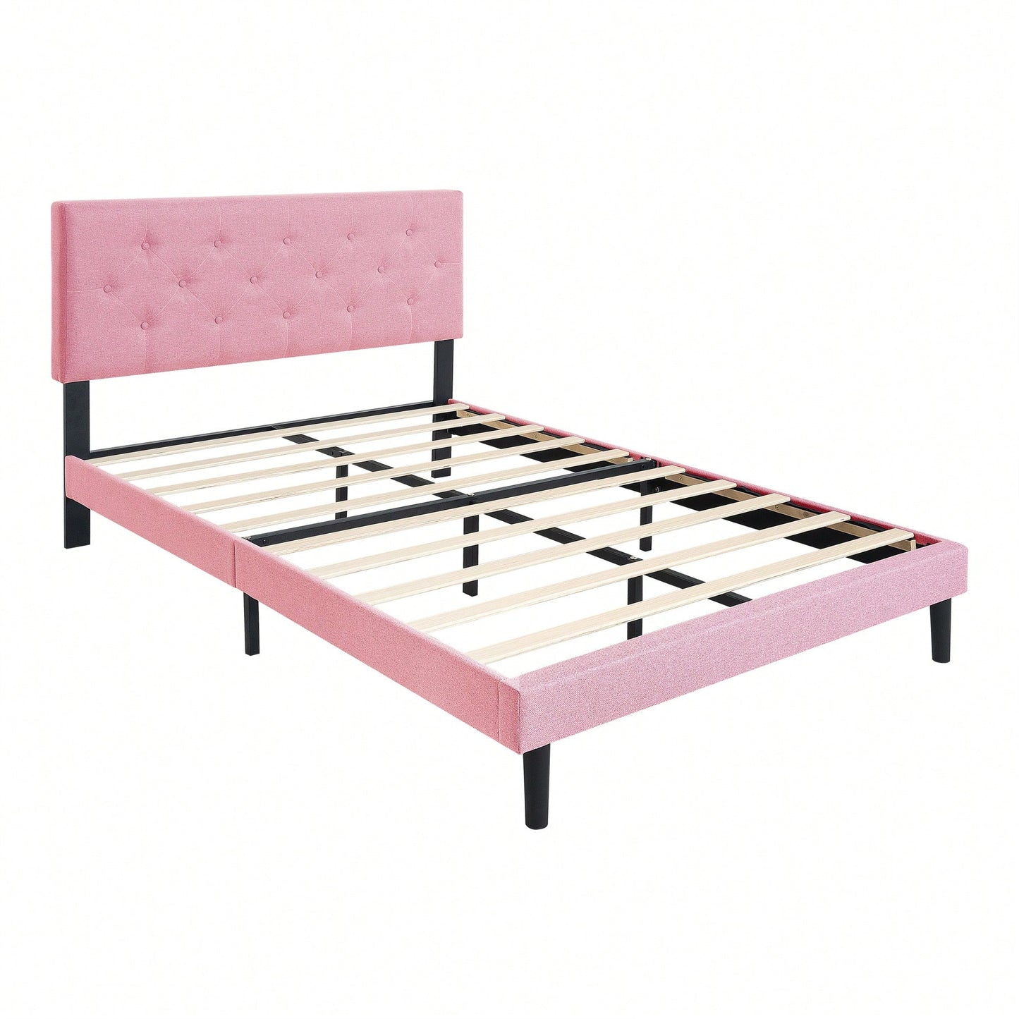 Chic Pink Queen Upholstered Platform Bed Frame with Button Tufted Headboard No Box Spring Needed Easy Assembly