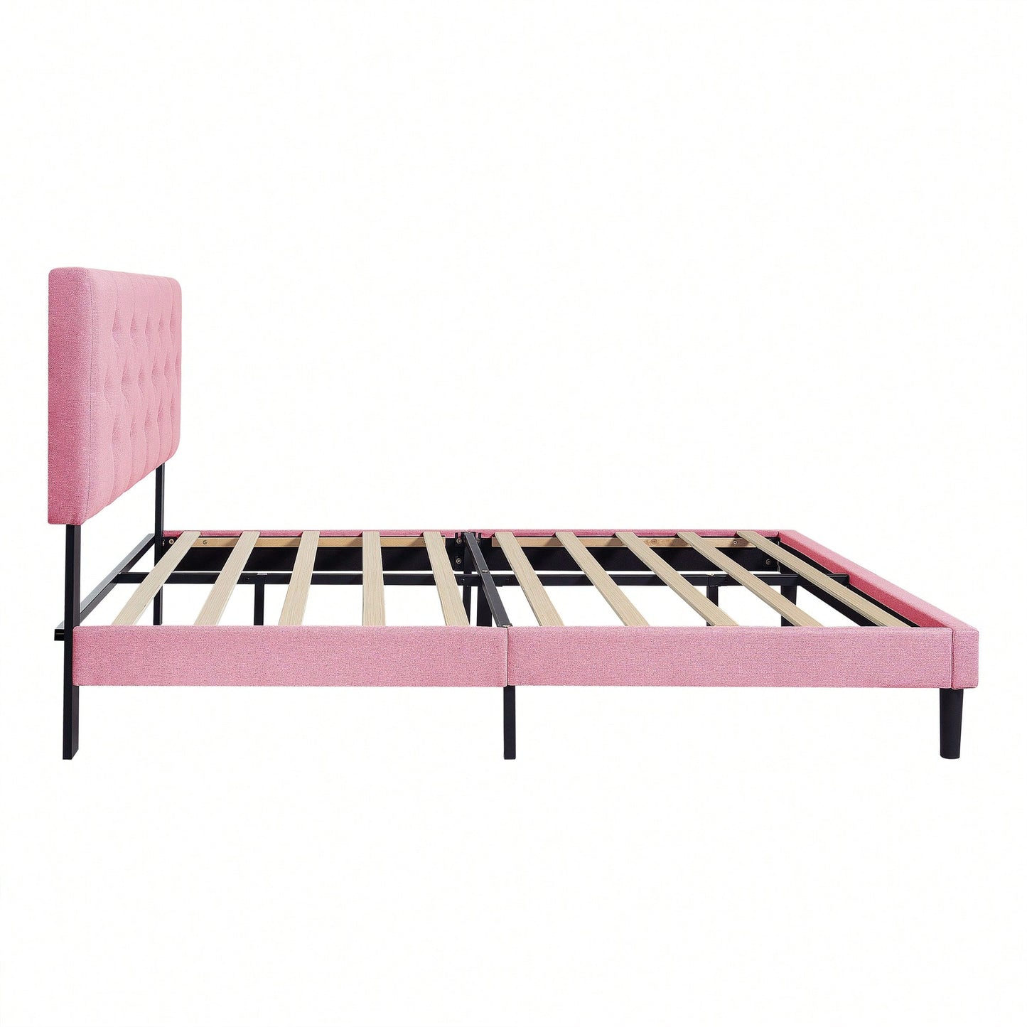 Chic Pink Queen Upholstered Platform Bed Frame with Button Tufted Headboard No Box Spring Needed Easy Assembly