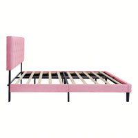 Chic Pink Queen Upholstered Platform Bed Frame with Button Tufted Headboard No Box Spring Needed Easy Assembly