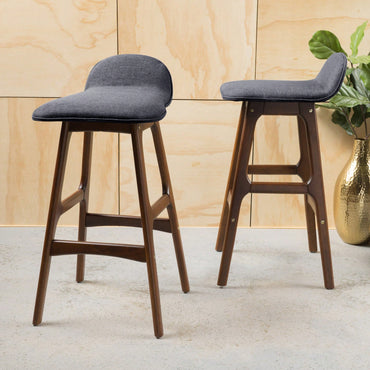 Stylish Set Of 2 Mid-Century Modern Upholstered Low Back Barstools In Charcoal With Walnut Finish – Perfect For Home Bars And Dining Areas