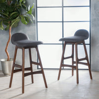 Stylish Set Of 2 Mid-Century Modern Upholstered Low Back Barstools In Charcoal With Walnut Finish – Perfect For Home Bars And Dining Areas