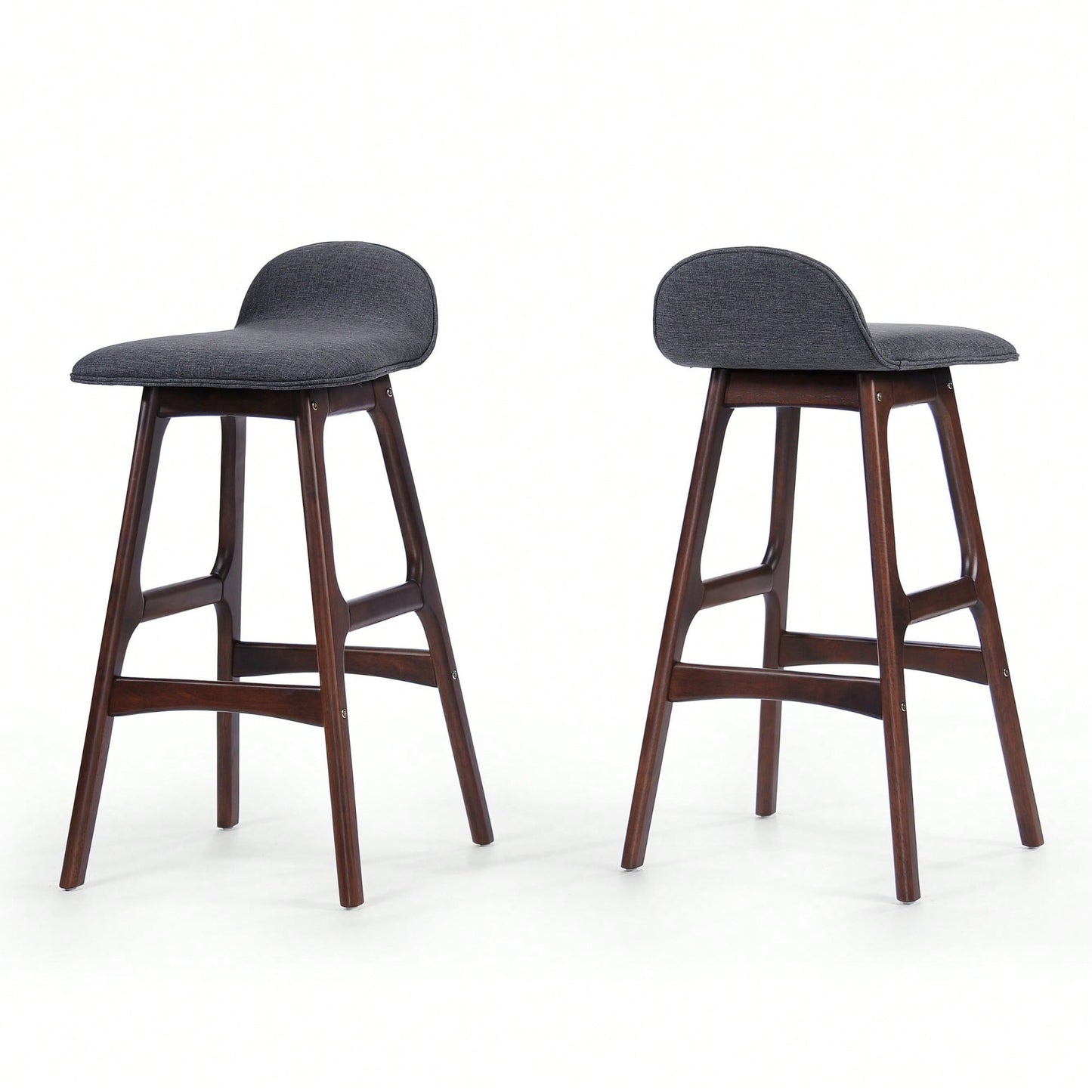 Stylish Set Of 2 Mid-Century Modern Upholstered Low Back Barstools In Charcoal With Walnut Finish – Perfect For Home Bars And Dining Areas