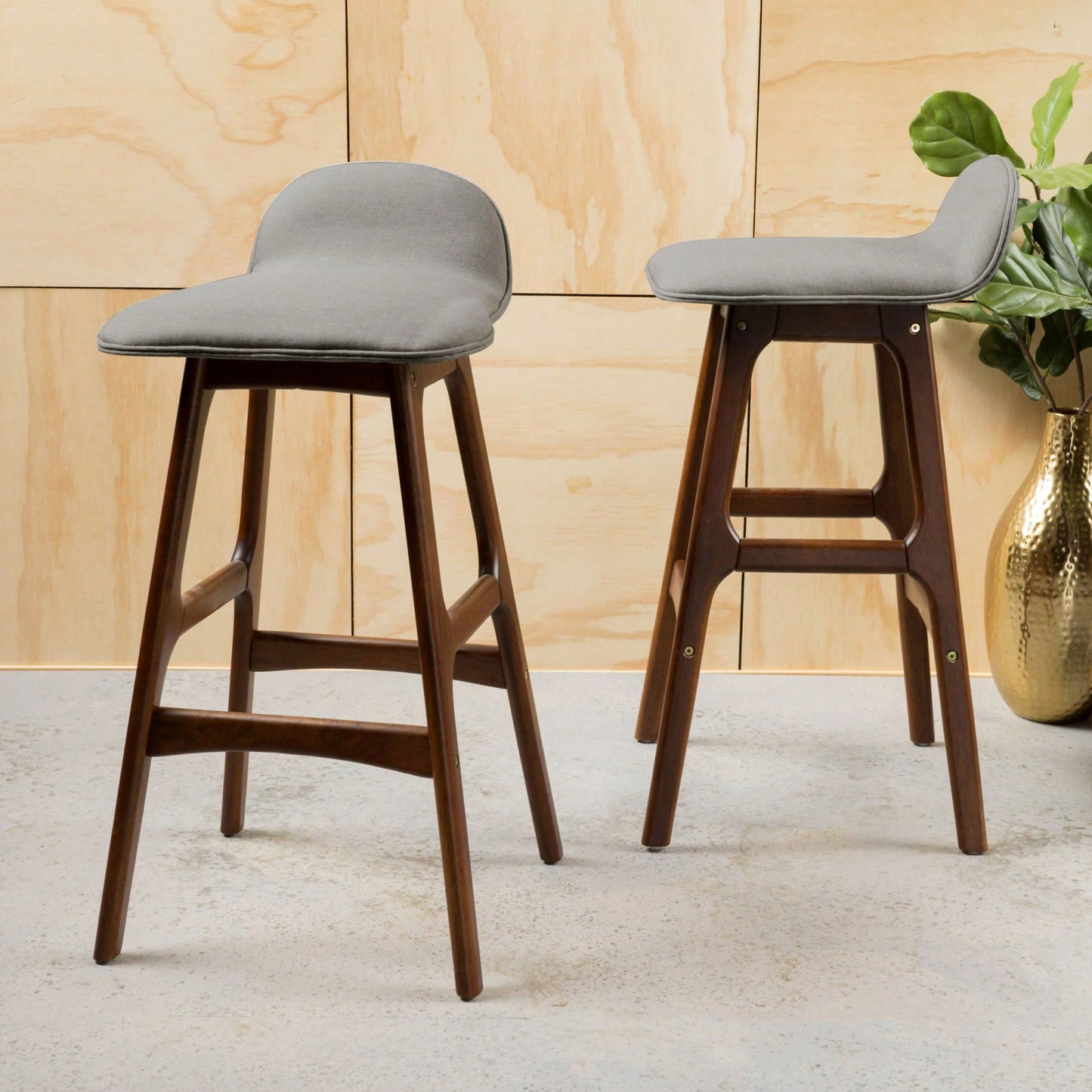 Set Of 2 Mid-Century Modern Upholstered Low Back Barstools - 28.5 Gray Design With Natural Oak Finish"