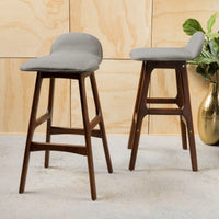 Set Of 2 Mid-Century Modern Upholstered Low Back Barstools - 28.5 Gray Design With Natural Oak Finish"