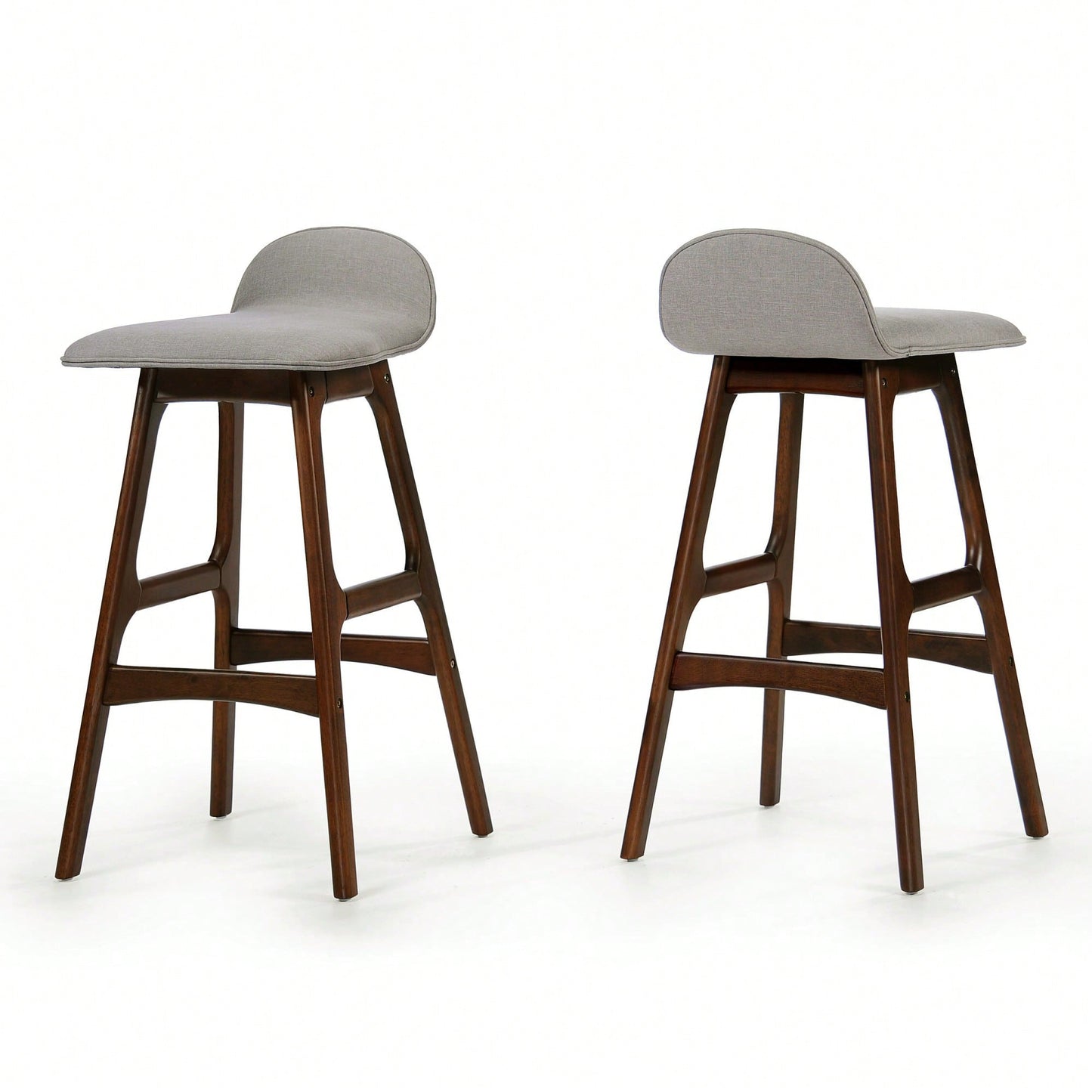 Set Of 2 Mid-Century Modern Upholstered Low Back Barstools - 28.5 Gray Design With Natural Oak Finish"