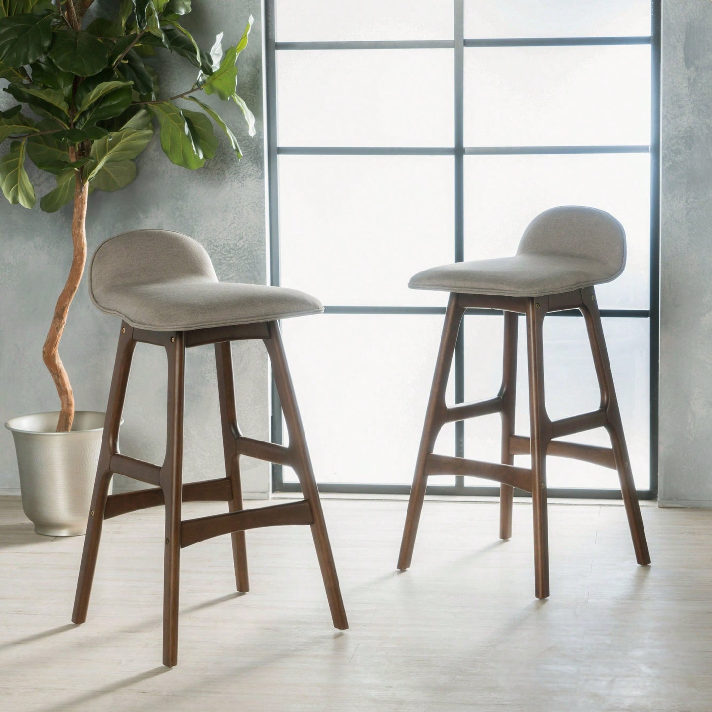 Set Of 2 Mid-Century Modern Upholstered Low Back Barstools - 28.5 Gray Design With Natural Oak Finish"