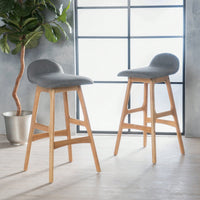 Set Of 2 Mid-Century Modern Upholstered Low Back Barstools - 28.5 Gray Design With Natural Oak Finish"