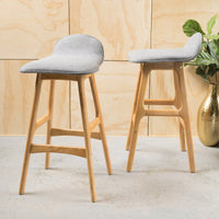 Set Of 2 Mid-Century Modern Upholstered Low Back Barstools - 28.5 Gray Design With Natural Oak Finish"