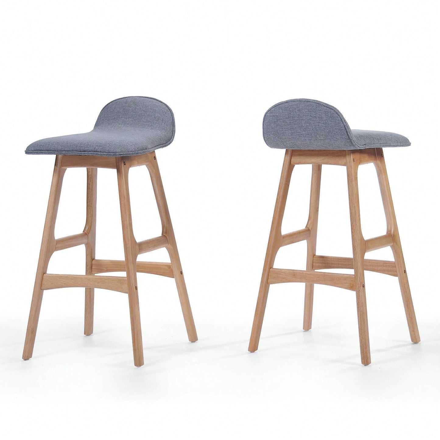 Set Of 2 Mid-Century Modern Upholstered Low Back Barstools - 28.5 Gray Design With Natural Oak Finish"