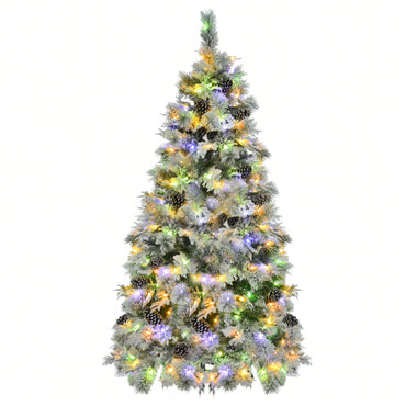 6FT Snow Flocked Christmas Tree with Pine Cones 250 Multi-Color LED Lights 11 Flashing Modes Holiday Decor