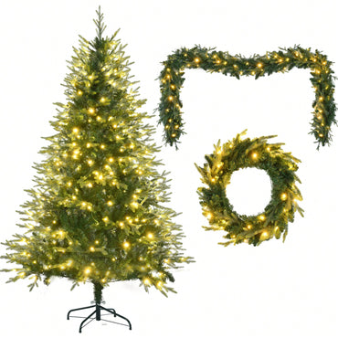 6FT Pre-Lit Aspen Fir Christmas Tree with Wreath and Garland 380 Multi-Color LED Lights 11 Modes 861 PE Tips for Holiday Decor
