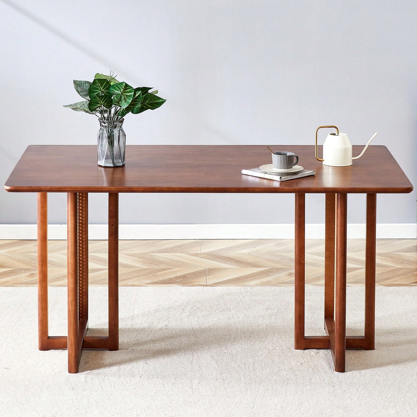 Country-Inspired Solid Wood Dining Table With Modern Rattan Design - Perfect For Dining Rooms, Living Rooms, And Offices