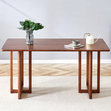Country-Inspired Solid Wood Dining Table With Modern Rattan Design - Perfect For Dining Rooms, Living Rooms, And Offices