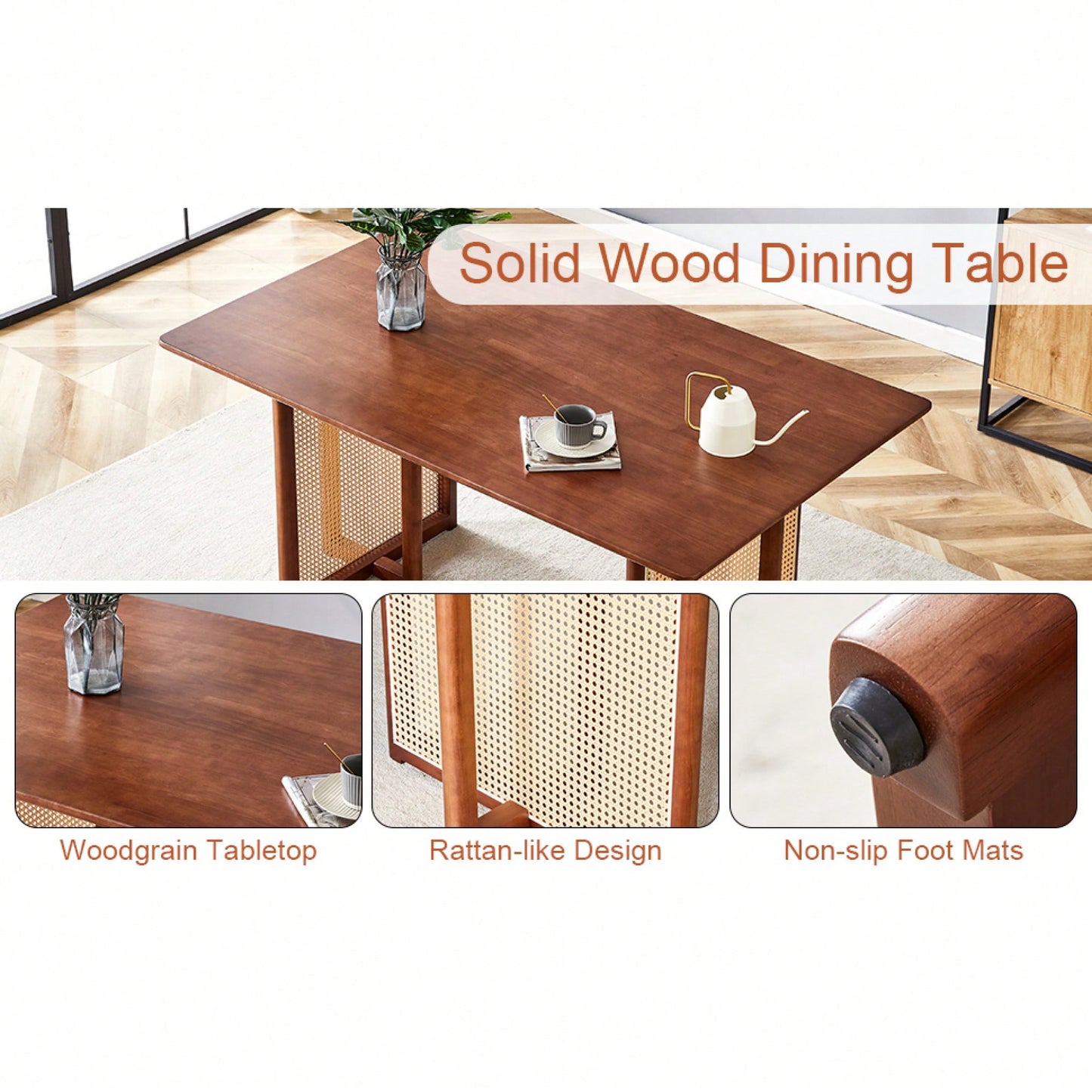 Country-Inspired Solid Wood Dining Table With Modern Rattan Design - Perfect For Dining Rooms, Living Rooms, And Offices