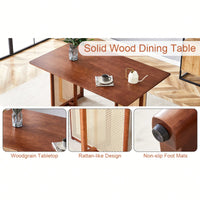 Country-Inspired Solid Wood Dining Table With Modern Rattan Design - Perfect For Dining Rooms, Living Rooms, And Offices