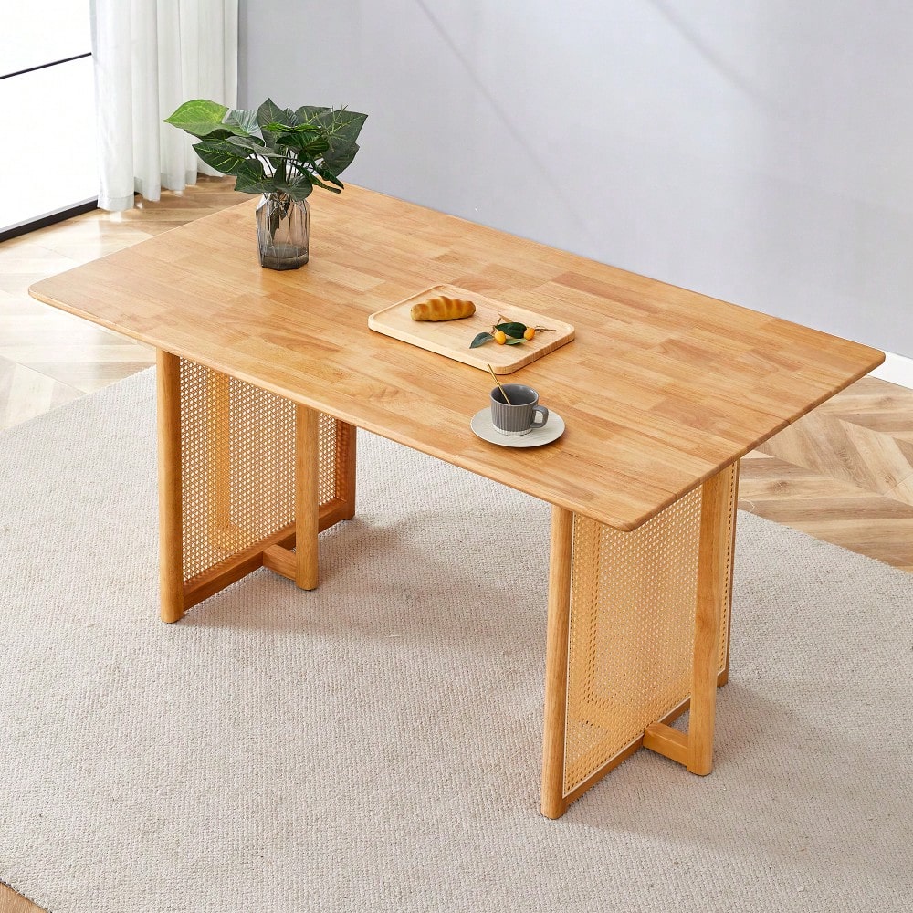 Country-Inspired Solid Wood Dining Table With Modern Rattan Design - Perfect For Dining Rooms, Living Rooms, And Offices