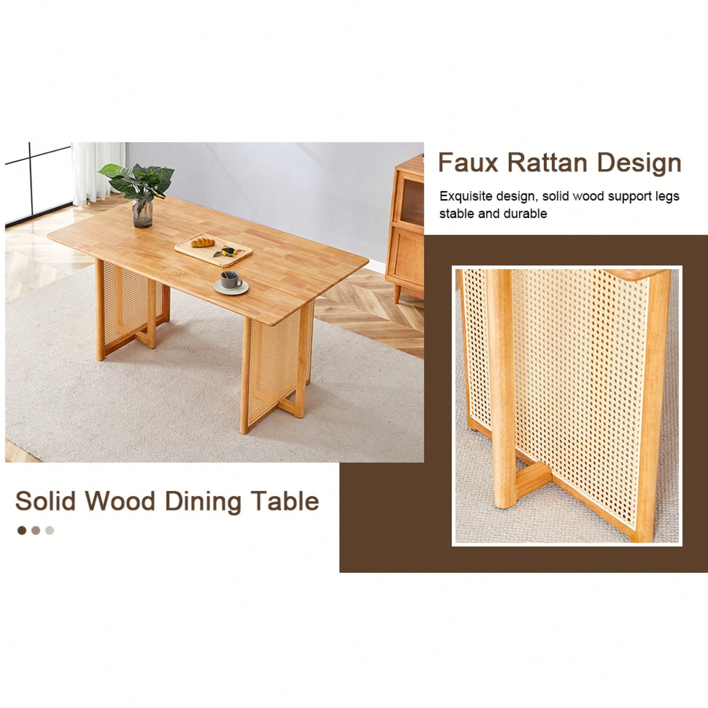 Country-Inspired Solid Wood Dining Table With Modern Rattan Design - Perfect For Dining Rooms, Living Rooms, And Offices