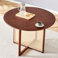 Charming Solid Wood Round Table With Modern Imitation Rattan Design - Perfect For Dining Room, Living Room, Or Office