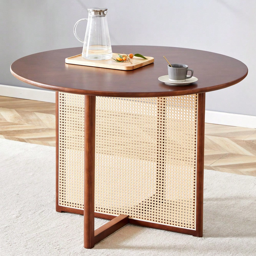 Charming Solid Wood Round Table With Modern Imitation Rattan Design - Perfect For Dining Room, Living Room, Or Office