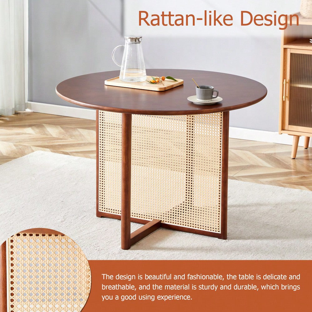 Charming Solid Wood Round Table With Modern Imitation Rattan Design - Perfect For Dining Room, Living Room, Or Office