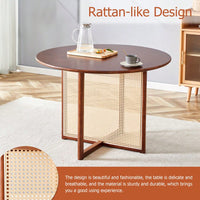 Charming Solid Wood Round Table With Modern Imitation Rattan Design - Perfect For Dining Room, Living Room, Or Office