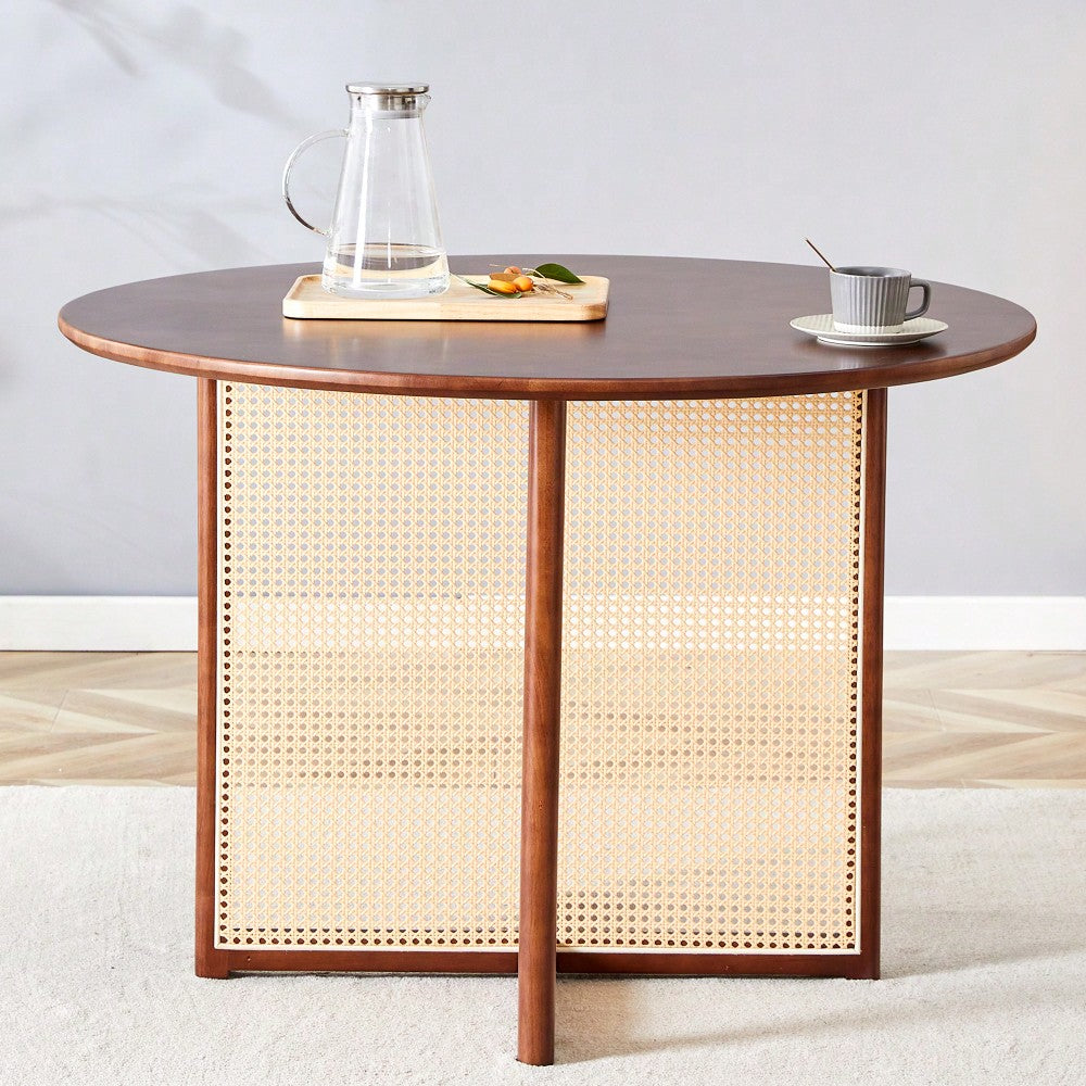 Charming Solid Wood Round Table With Modern Imitation Rattan Design - Perfect For Dining Room, Living Room, Or Office