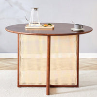 Charming Solid Wood Round Table With Modern Imitation Rattan Design - Perfect For Dining Room, Living Room, Or Office