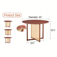 Charming Solid Wood Round Table With Modern Imitation Rattan Design - Perfect For Dining Room, Living Room, Or Office