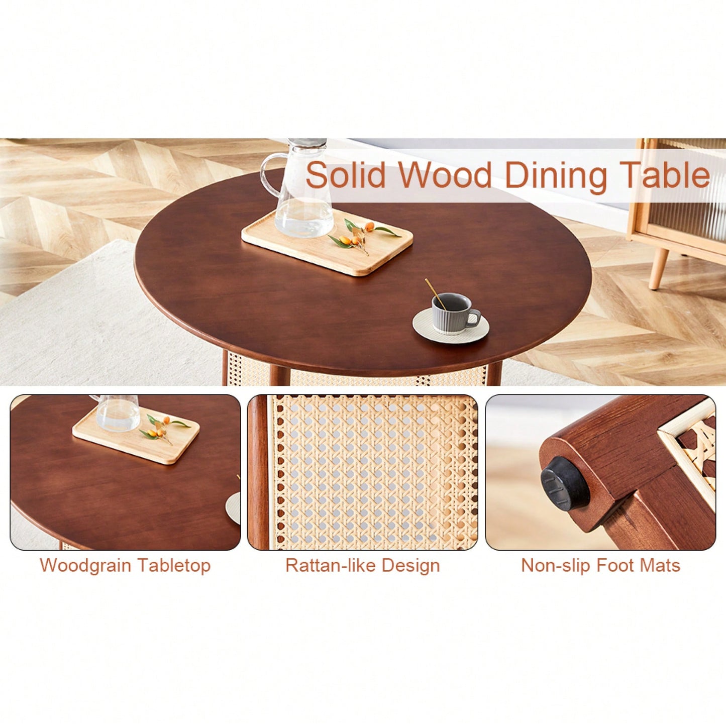 Charming Solid Wood Round Table With Modern Imitation Rattan Design - Perfect For Dining Room, Living Room, Or Office