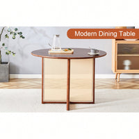 Charming Solid Wood Round Table With Modern Imitation Rattan Design - Perfect For Dining Room, Living Room, Or Office