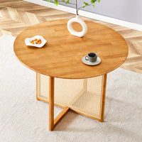 Charming Solid Wood Round Table With Modern Imitation Rattan Design - Perfect For Dining Room, Living Room, Or Office