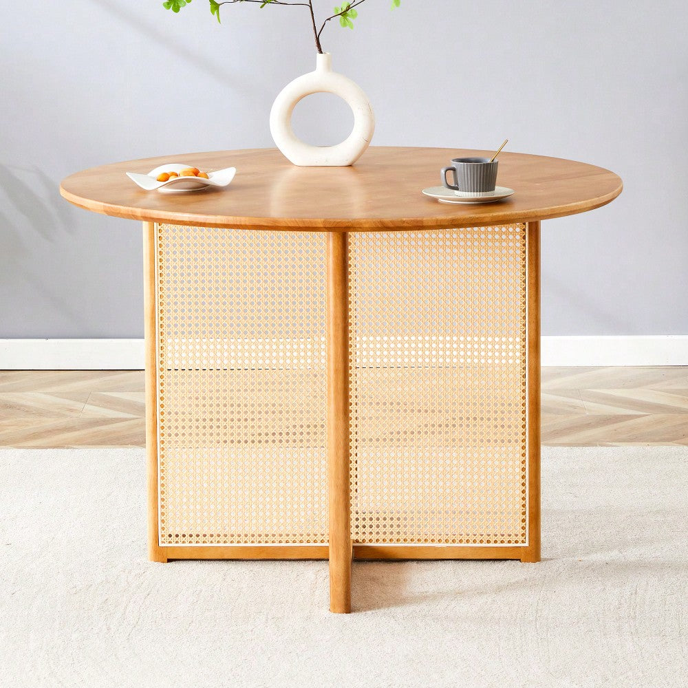 Charming Solid Wood Round Table With Modern Imitation Rattan Design - Perfect For Dining Room, Living Room, Or Office