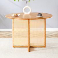 Charming Solid Wood Round Table With Modern Imitation Rattan Design - Perfect For Dining Room, Living Room, Or Office