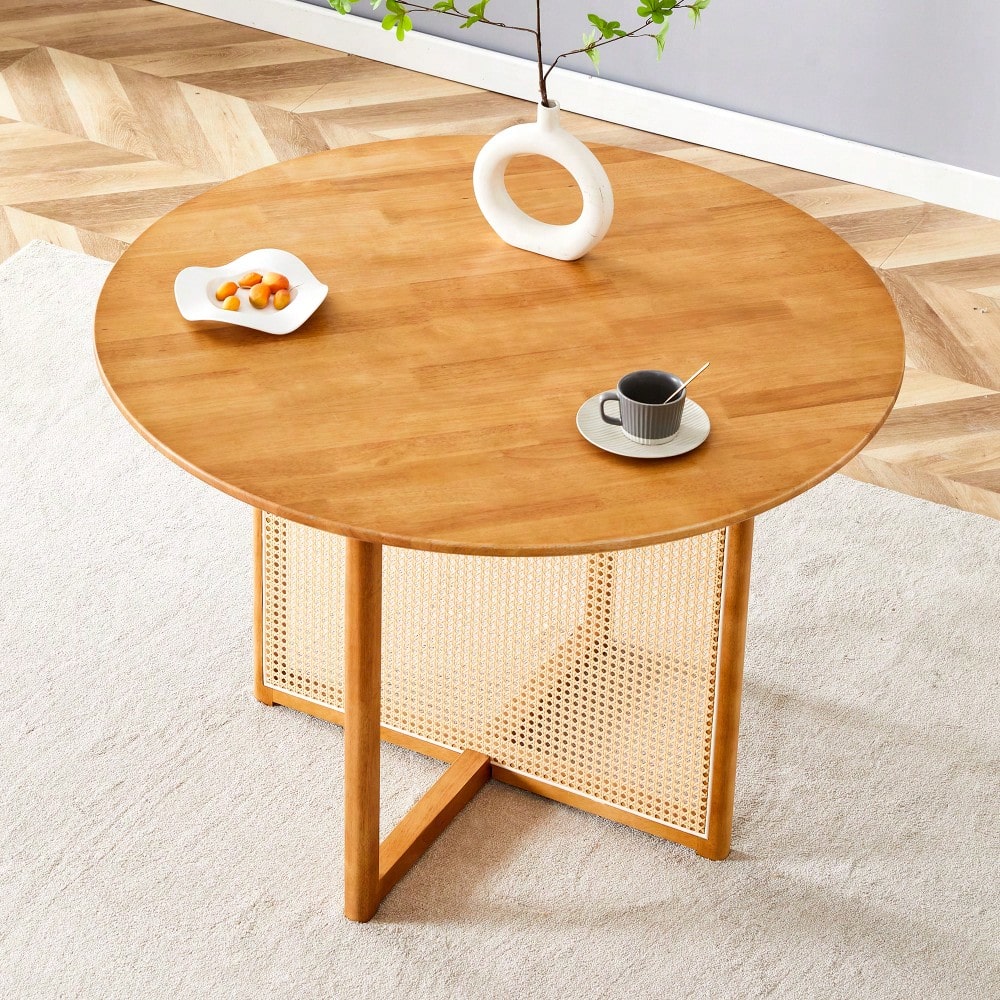 Charming Solid Wood Round Table With Modern Imitation Rattan Design - Perfect For Dining Room, Living Room, Or Office