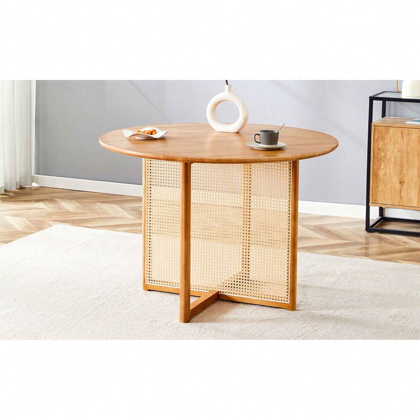 Charming Solid Wood Round Table With Modern Imitation Rattan Design - Perfect For Dining Room, Living Room, Or Office