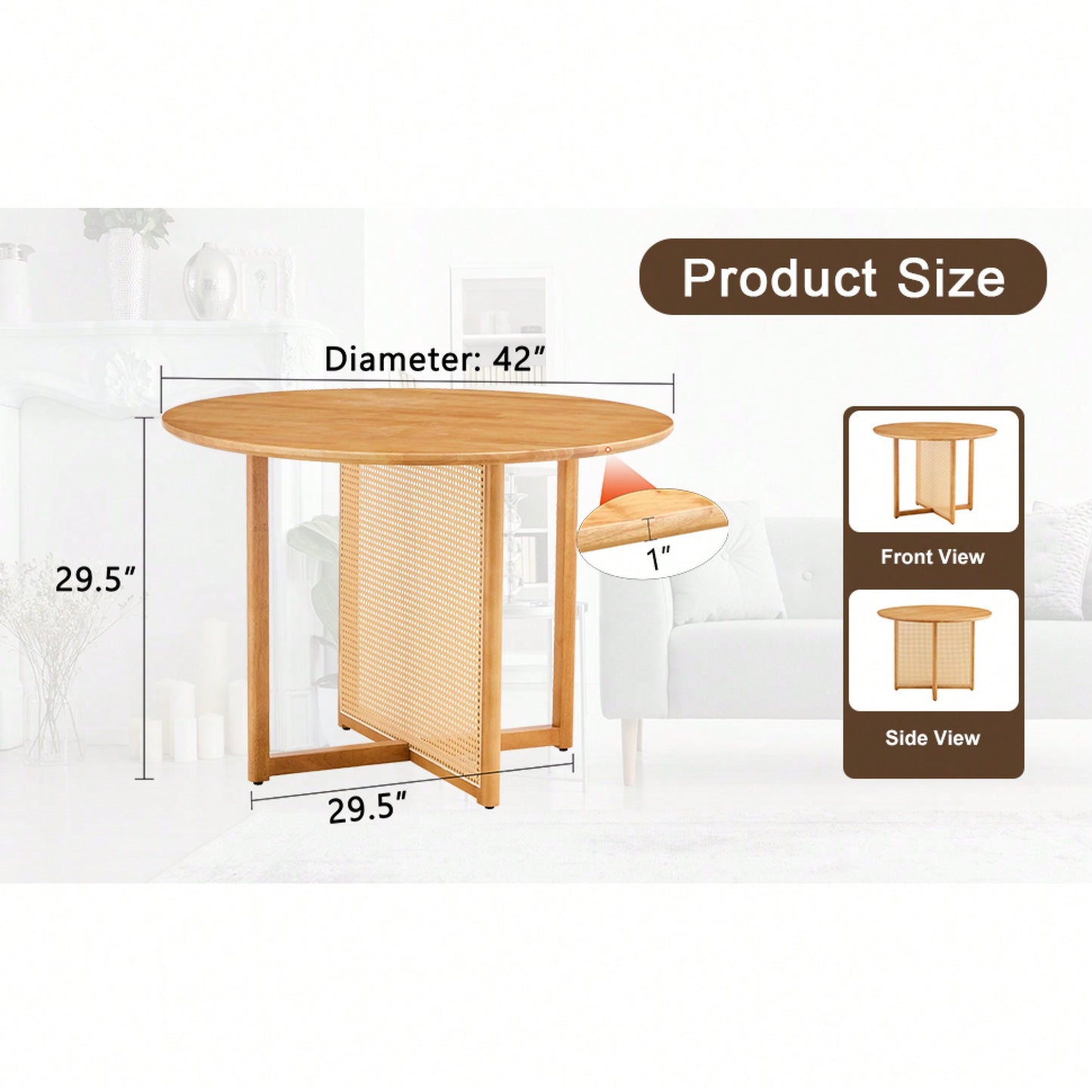 Charming Solid Wood Round Table With Modern Imitation Rattan Design - Perfect For Dining Room, Living Room, Or Office